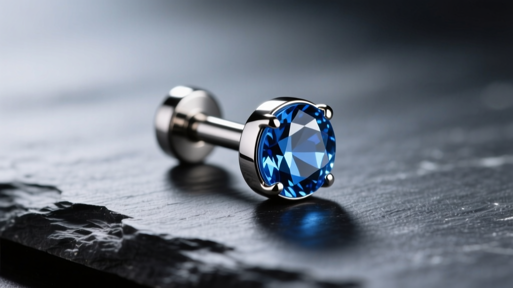 Macro shot of a polished titanium threadless nostril stud with a sapphire gem, resting on dark slate under soft light