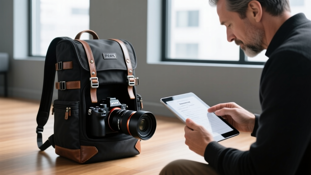 Photographer packing a Sony A7RV and G-Master lenses into a Peak Design backpack while checking a tablet for insurance details