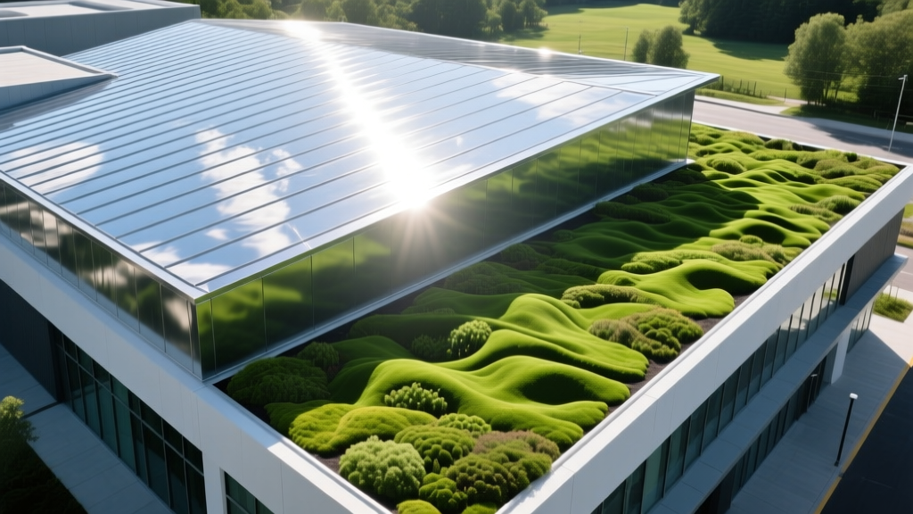 Aerial view of a modern commercial building featuring a reflective standing seam metal roof adjacent to a lush sedum green roof system