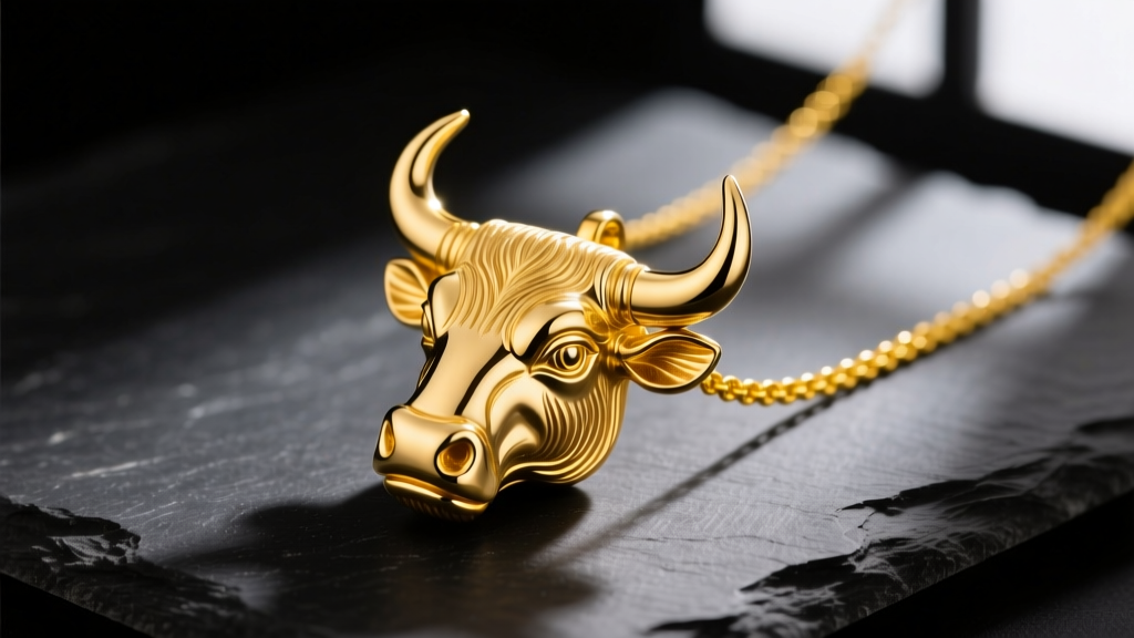 Close-up of a solid 14k yellow gold bull head pendant on a 2mm rope chain resting on dark slate with dramatic side lighting.