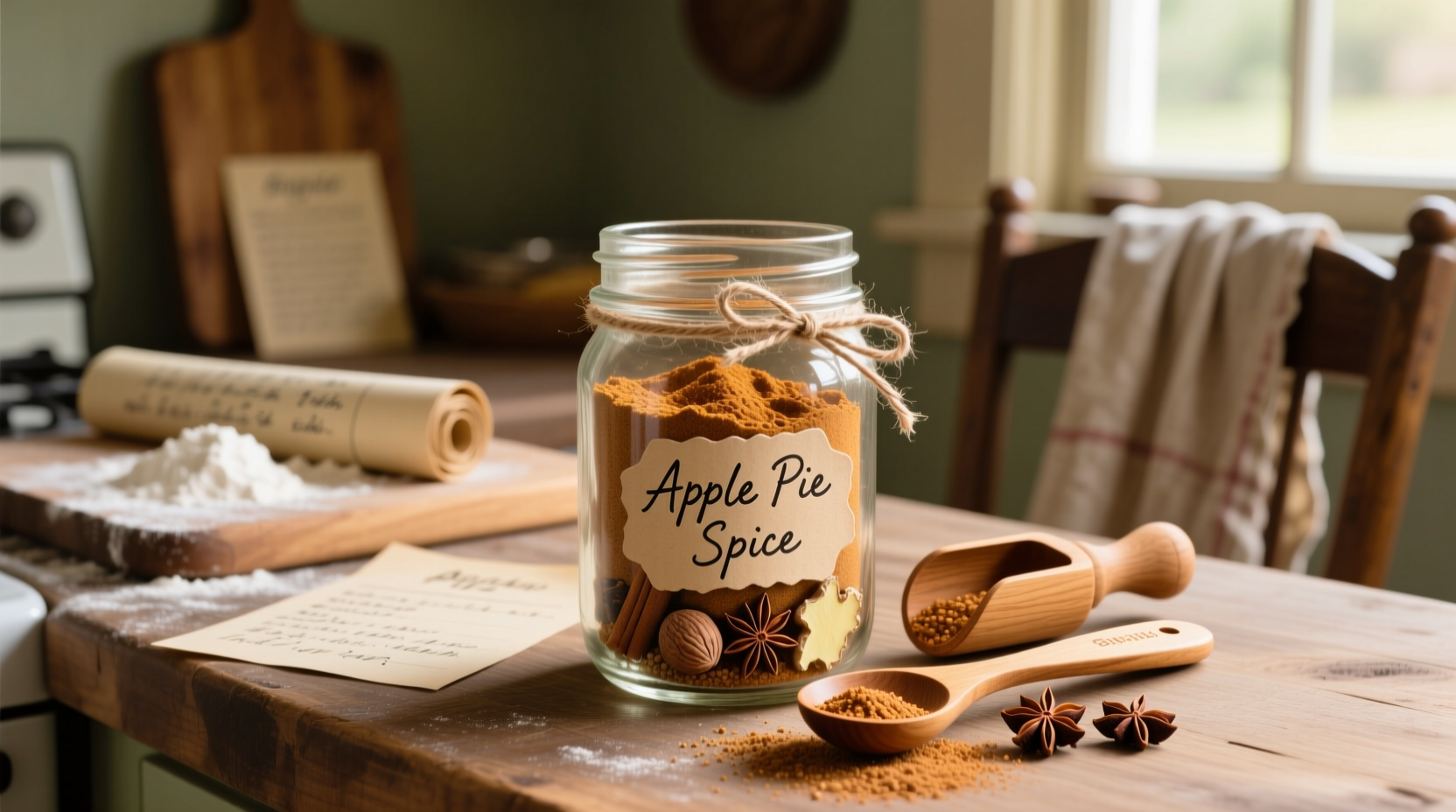 Homemade apple pie spice in glass jar with measuring spoons