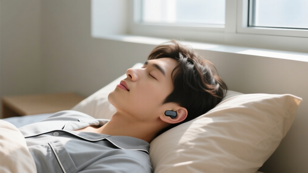 Side profile of a person sleeping peacefully on their side with a low-profile flush-fit wireless sleep earbud barely visible in the ear canal