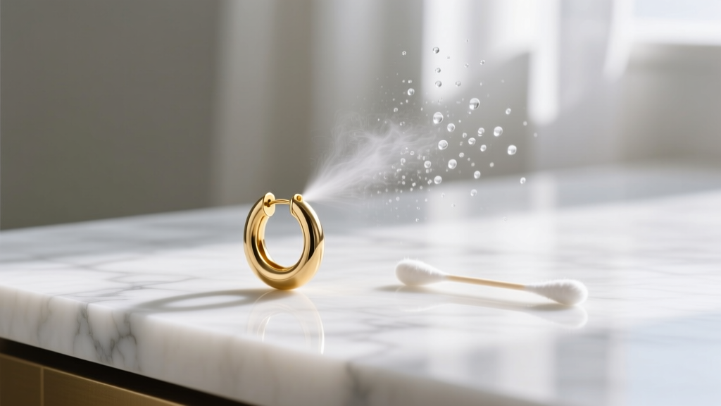 Sterile saline spray misting a cotton swab beside a 16-gauge solid gold hoop earring on a clean white marble counter.