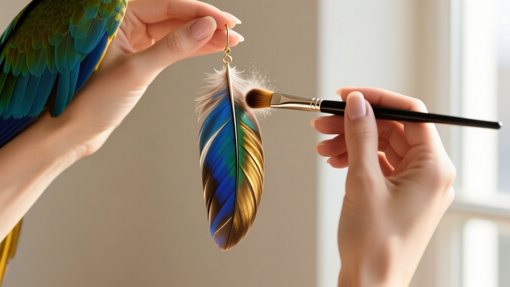 A pair of hands gently using a soft makeup brush to dust the barbs of a large macaw feather drop earring in natural light.