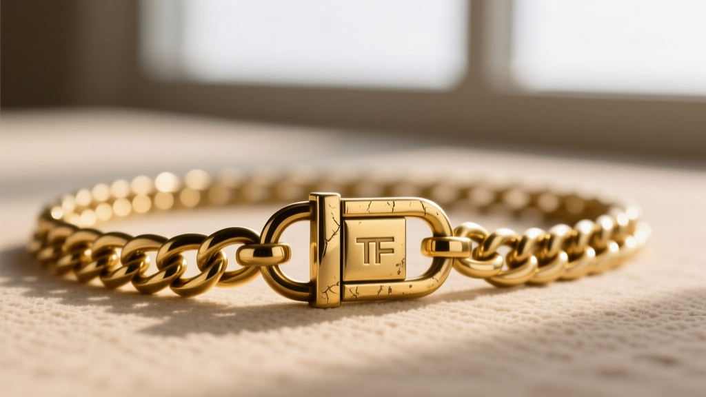 Macro of a vintage Tom Ford gold-plated chain showing minor plating wear on the brass clasp, against a neutral beige backdrop.