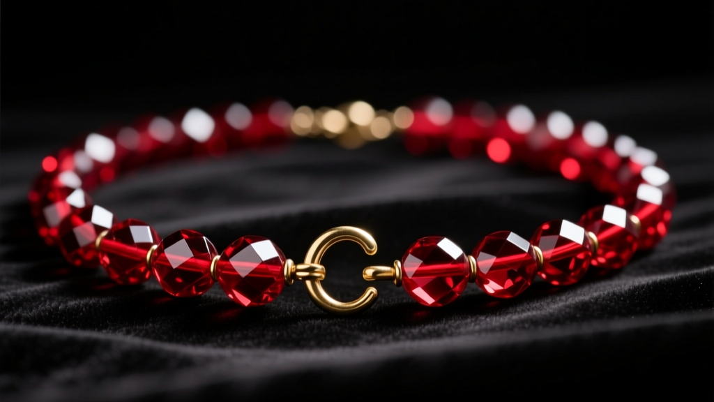 Close-up of Victorian cranberry red glass bead necklace with brass C-clasp resting on dark velvet under warm directional lighting.