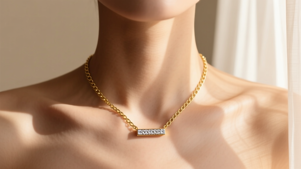 Collarbone shot of a person wearing a 14k gold figaro chain and diamond bar pendant, captured in warm, diffused natural sunlight.