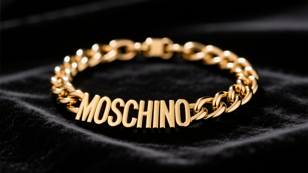 Authentic gold-tone Moschino logo chain necklace on dark velvet, lit by studio lighting to show polished brass details