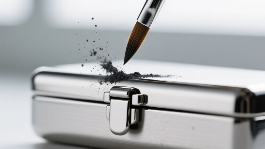 Fine graphite powder being carefully applied with a micro-brush to the hinge of a platinum box clasp to resolve metal galling.