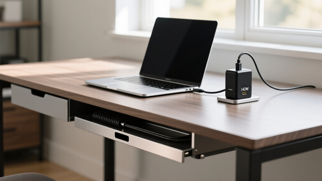 Modern home office desk featuring hidden under-desk magnetic cable trays and a sleek 140W GaN charger powering a silver laptop