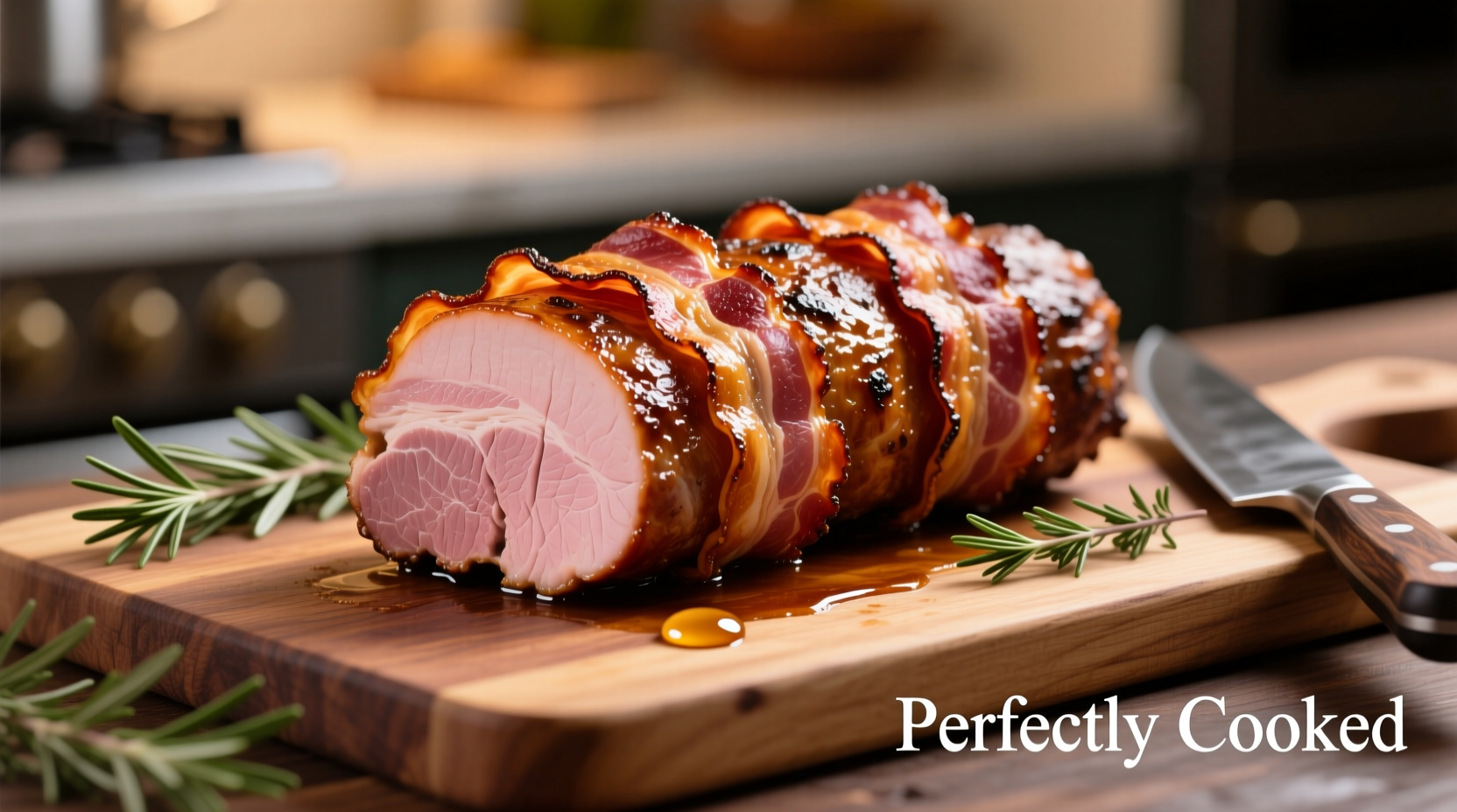 Perfectly cooked bacon wrapped pork tenderloin on cutting board