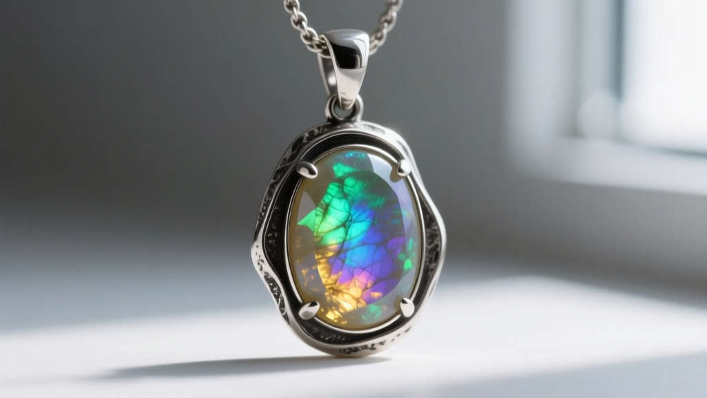 Macro shot of a rainbow moonstone cabochon pendant in oxidized sterling silver displaying multicolored schiller under soft light