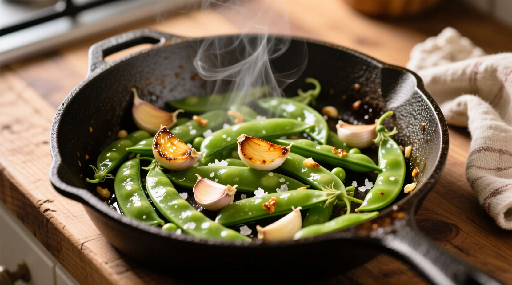 Fresh sautéed sugar snap peas in skillet with garlic