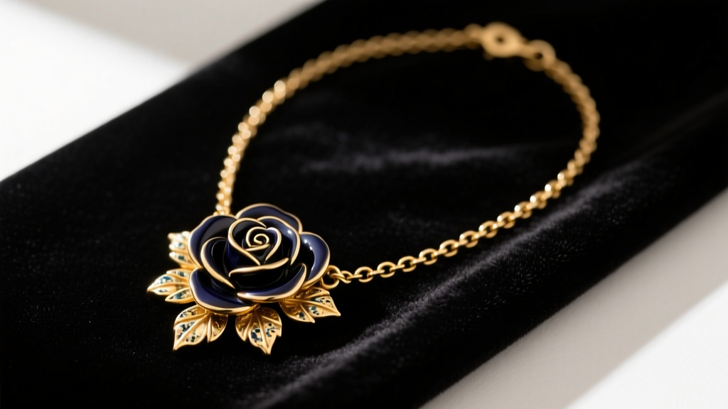 Flat lay of a vintage 1990s Anna Sui gold-tone necklace featuring a dark enamel rose pendant and oxidized chain on black velvet