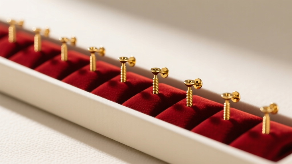 A neat jewelry organizer displaying gold screw earrings secured in individual velvet slots, highlighting proper thread protection.
