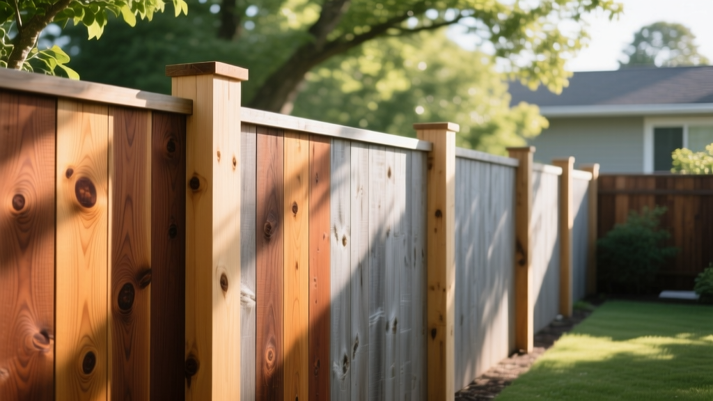 Western Red Cedar fence boards with rich grain texture installed beside pressure-treated pine posts in a sunny suburban backyard