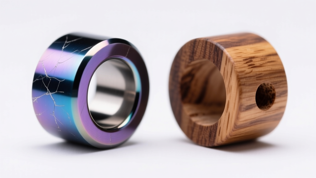 Side-by-side macro of anodized titanium and wooden ear spacers showing surface textures under a bright cool ring light setup.