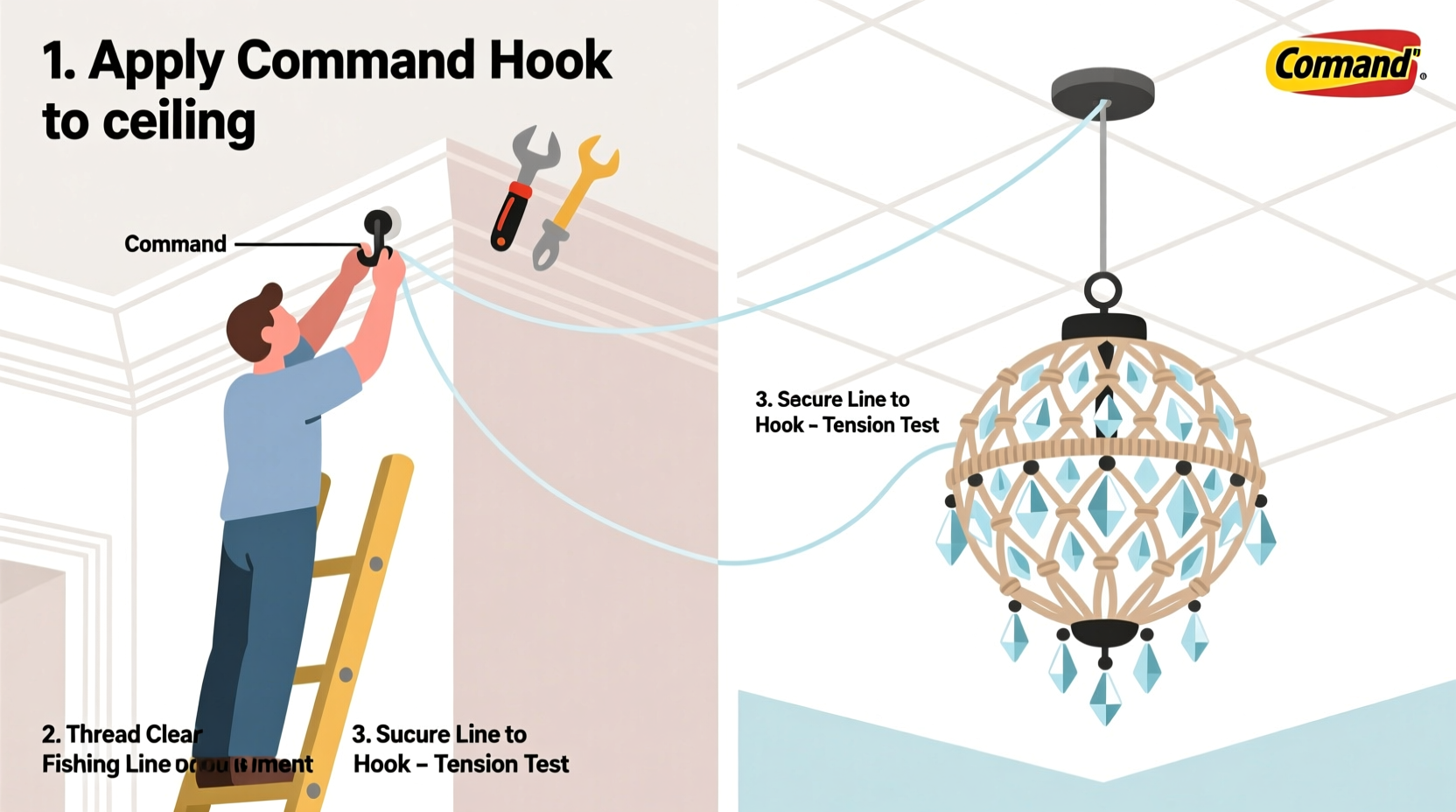 how to hang oversized ornaments on tall ceilings using clear fishing line and command hooks