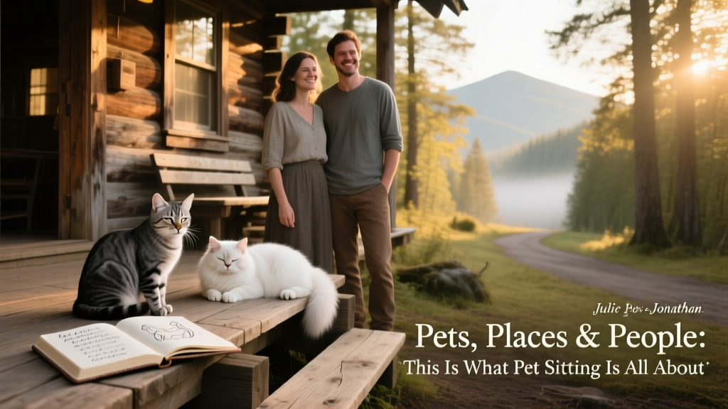 Julie and Jonathan standing in front of a rustic cabin with two cats curled up on the porch steps