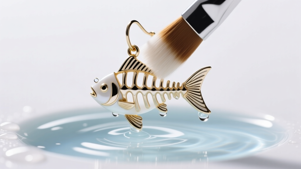 Macro shot of a soft brush cleaning the tiny vertebrae of a white gold fish spine earring submerged in mild soapy water.