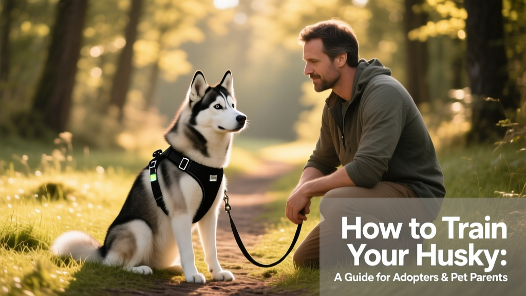 A Siberian Husky sitting calmly beside its owner on a grassy trail, wearing a back-clip harness and loose leash