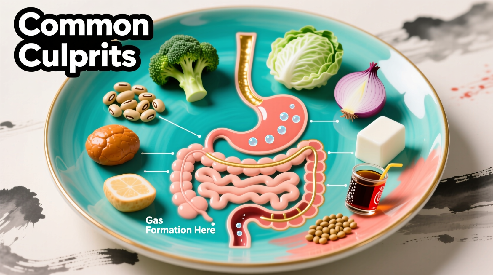 Colorful plate showing gas-producing foods with digestive system diagram