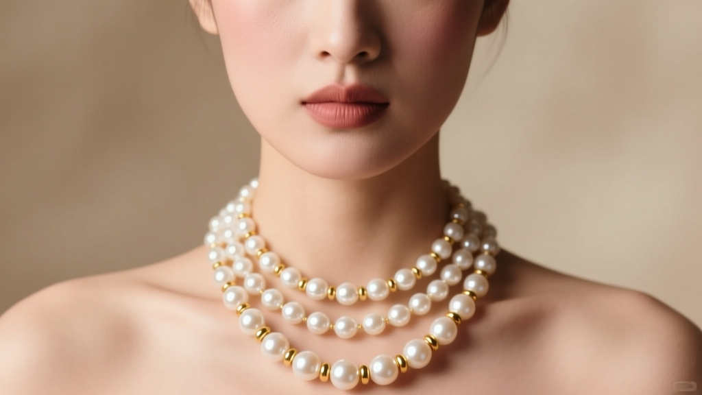 Close-up of a model wearing a layered glass pearl necklace with matte gold spacers, soft studio lighting, neo-vintage aesthetic