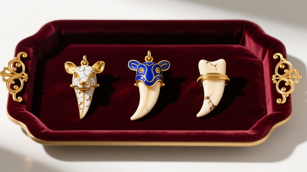 Overhead shot of a velvet tray with three Victorian animal tooth charms, showing variations in enamel wear and gold mount styles.
