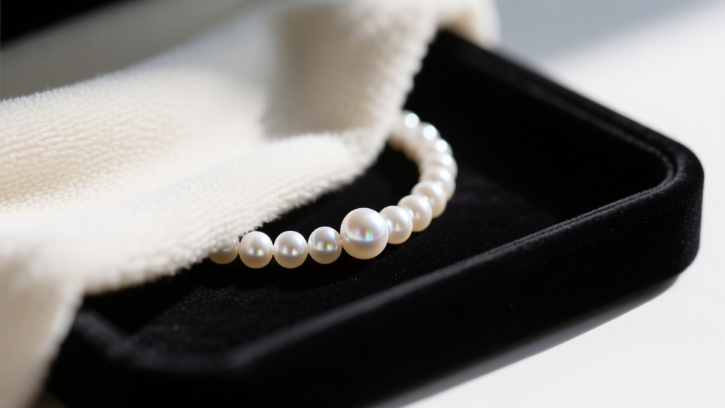 Close-up of a soft microfiber cloth gently wiping a strand of white Akoya cultured pearls resting on a dark velvet jewelry tray.