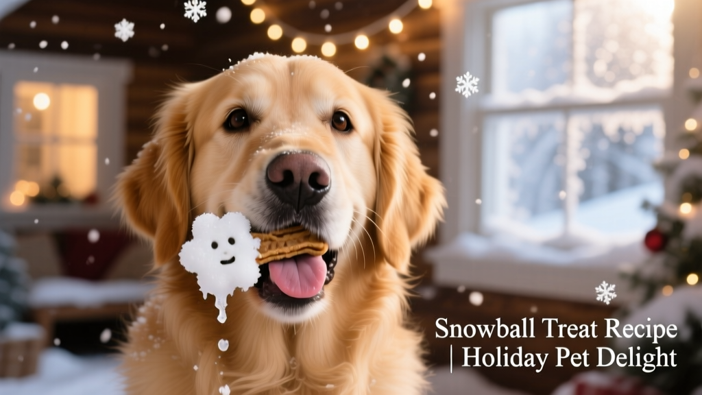 A happy dog gently holding a snowball treat in its mouth, with soft holiday lighting in the background