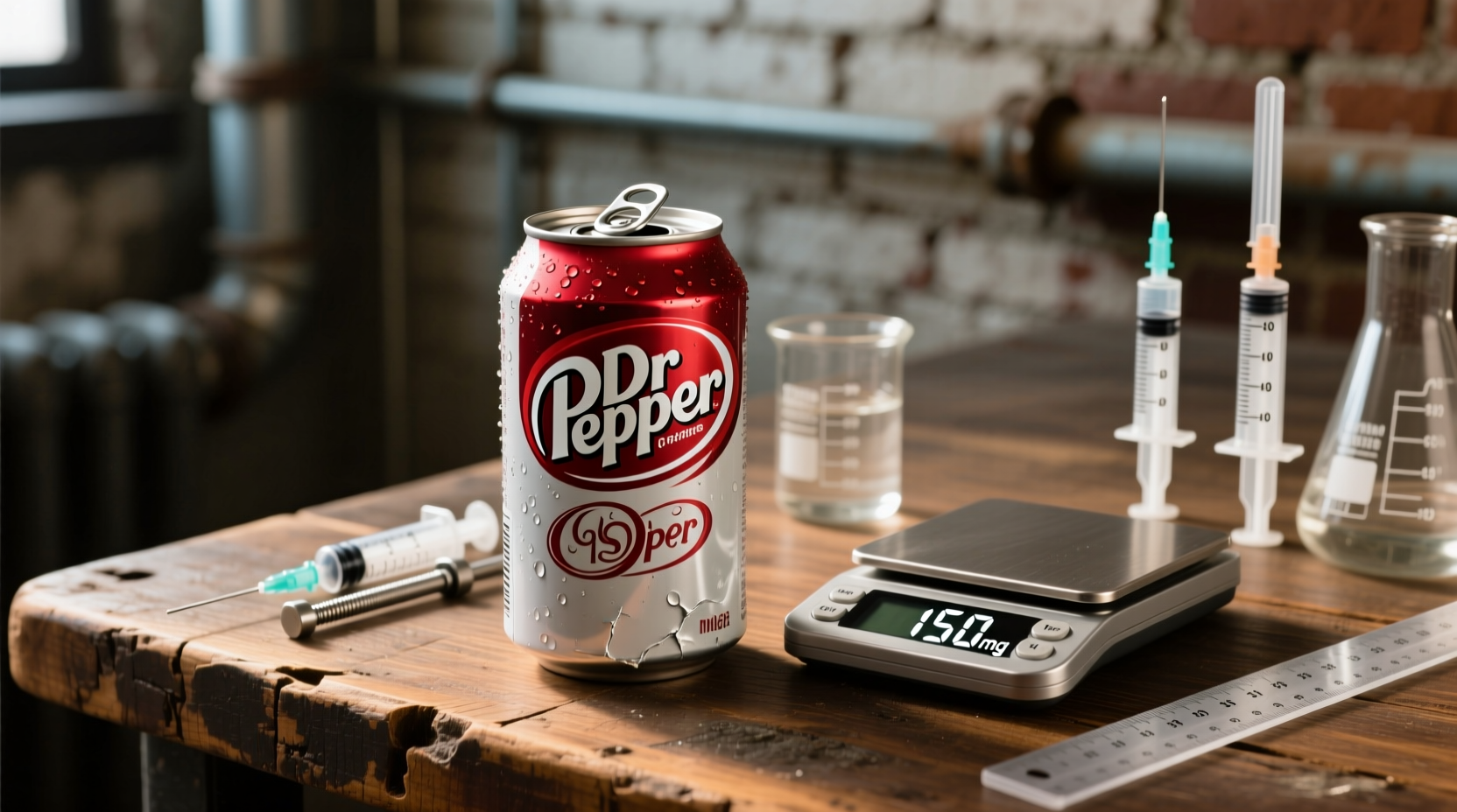 Dr Pepper can next to caffeine measurement tools