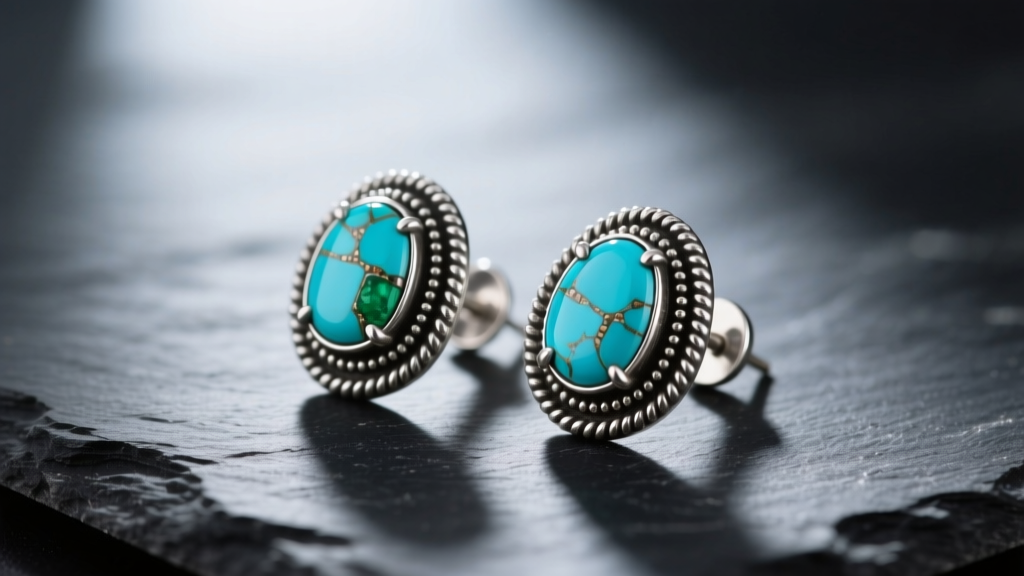 Close-up of Zuni petit point turquoise earrings in oxidized sterling silver, resting on dark slate under soft natural light.