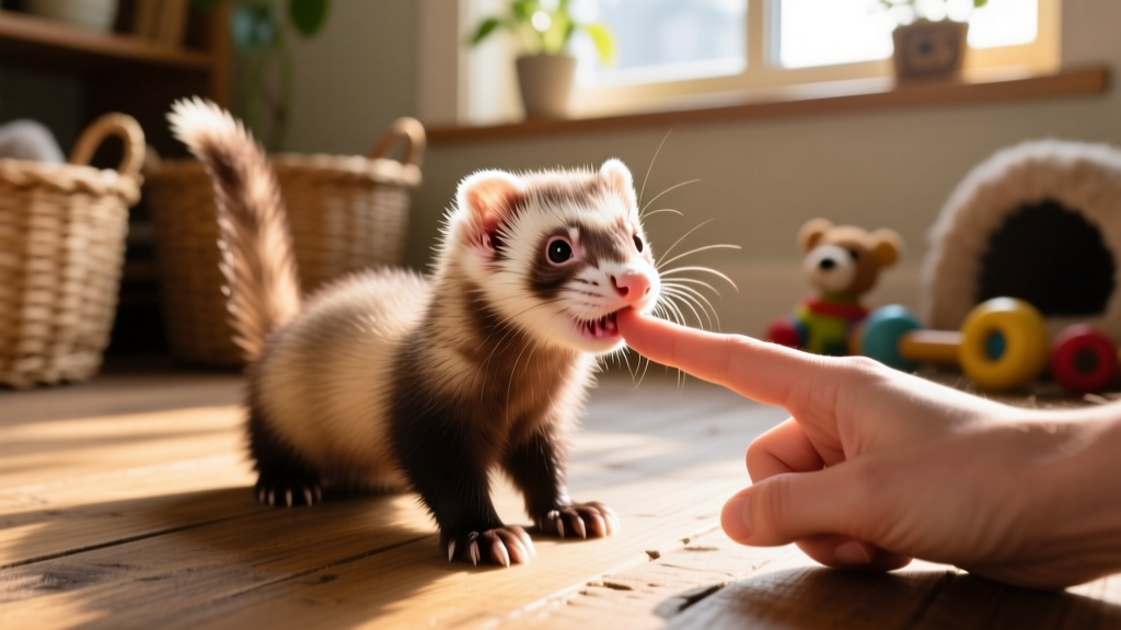 A young ferret kit gently mouthing a finger during supervised playtime, tail upright and ears forward