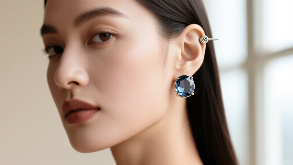 Profile of woman wearing 8mm cushion-cut smoky quartz studs, showing the earring post thickness and secure screw-back hardware.