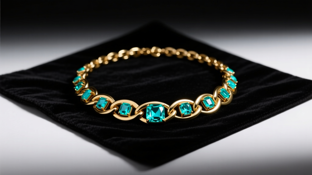 Brass and turquoise statement necklace resting on a dark velvet cleaning mat, illuminated by bright, focused studio lighting.