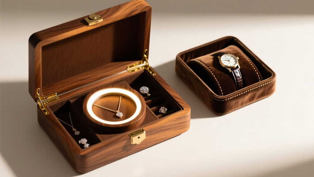 Top-down view of an open walnut jewelry organizer showing a built-in LED ring light and velvet-lined watch winding area.