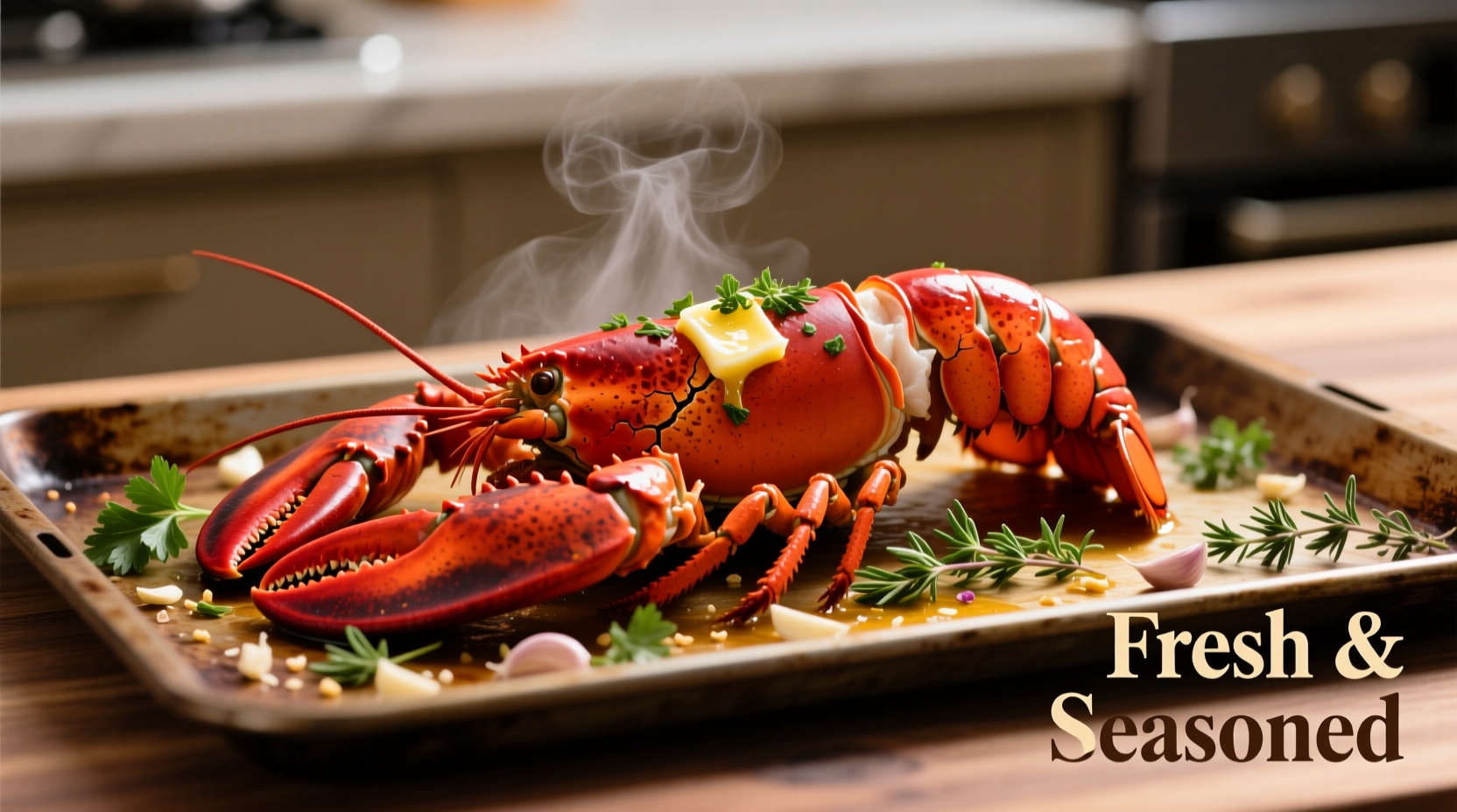 Fresh lobster tails seasoned with herbs on baking sheet