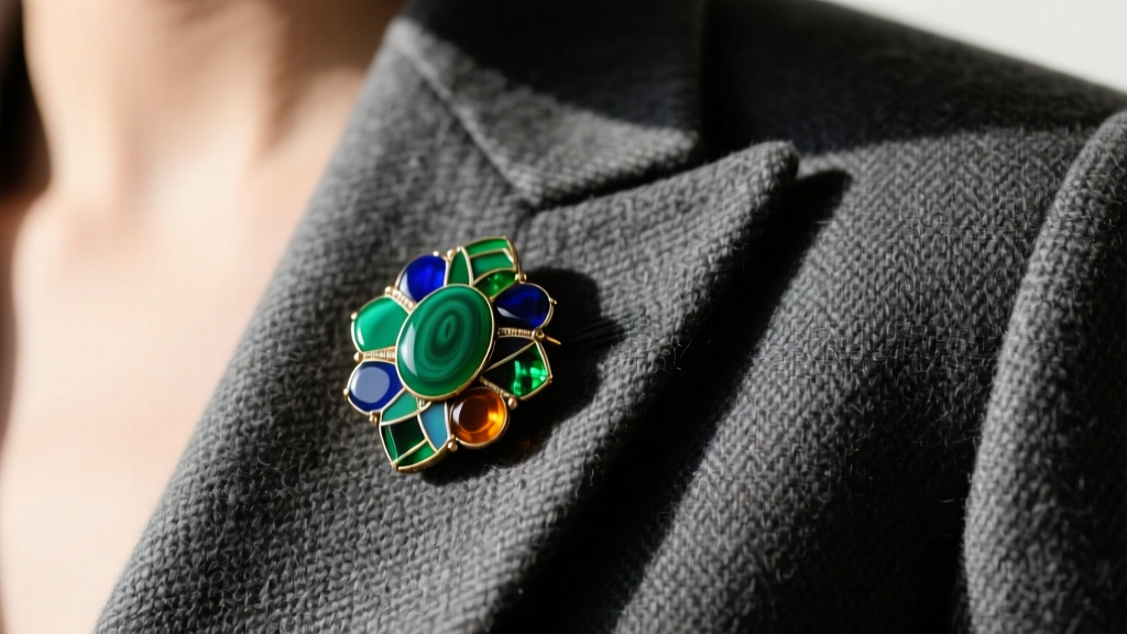 Modern styling shot of an antique Scottish agate mosaic brooch pinned to a structured charcoal wool blazer lapel in natural light.