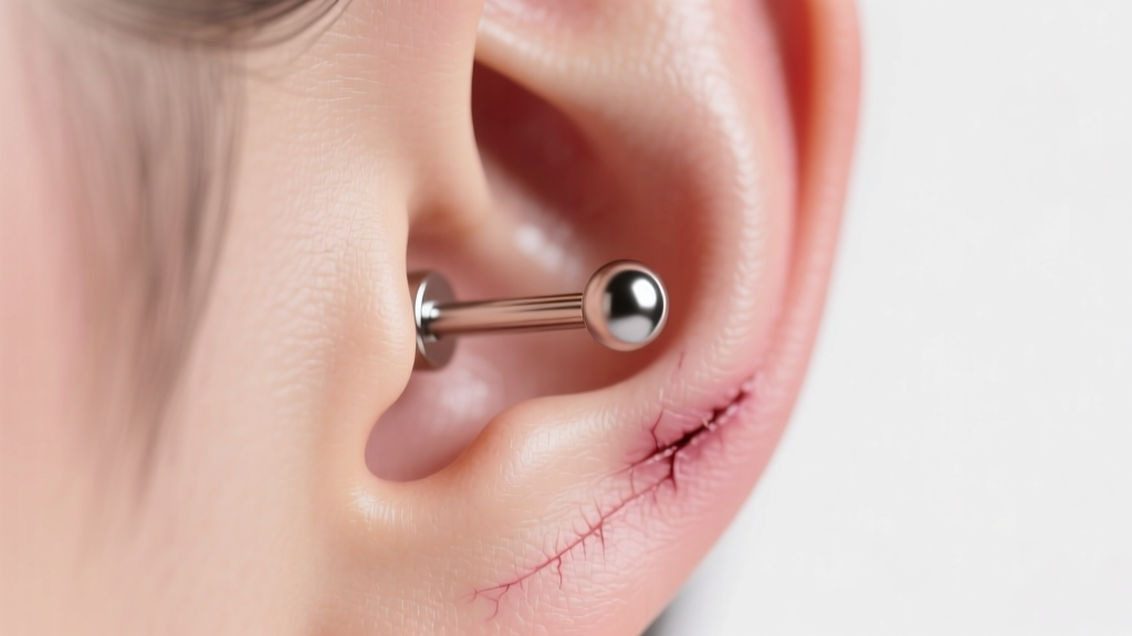 Side view of a healing earlobe wearing an 18-gauge titanium labret stud with an 8mm post and 3mm bead end under bright light.