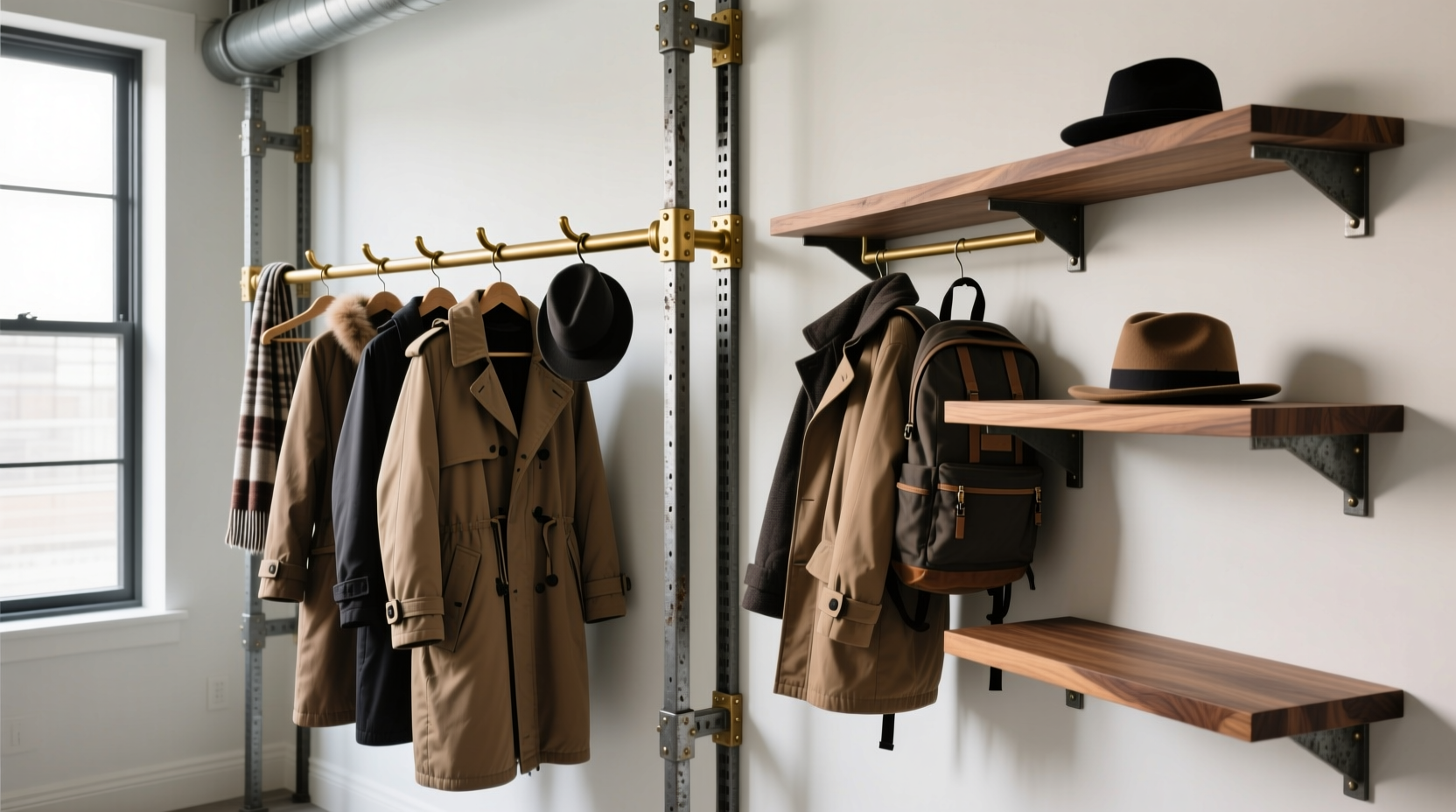 closet peg rail vs floating wood shelf for puffer vests