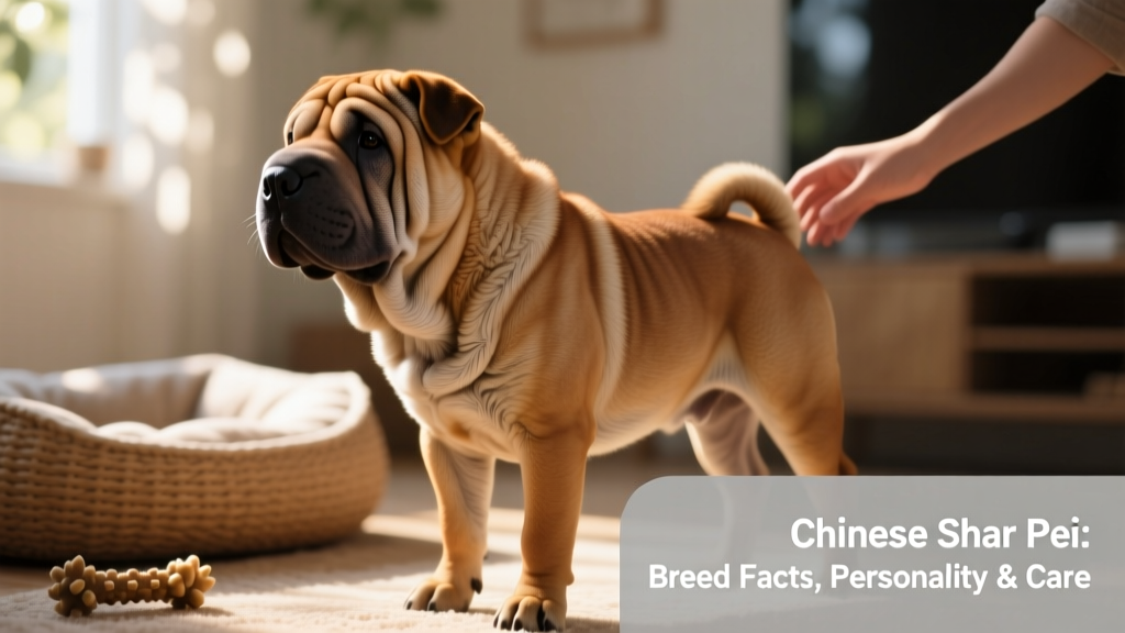 Side profile of a young Shar Pei standing confidently, highlighting its compact frame and wrinkled neck