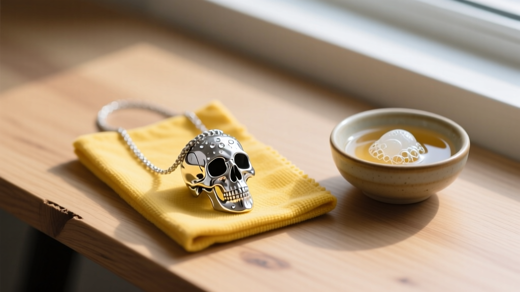 Sterling silver skull necklace resting on a yellow polishing cloth next to mild soap and warm water on a wooden desk