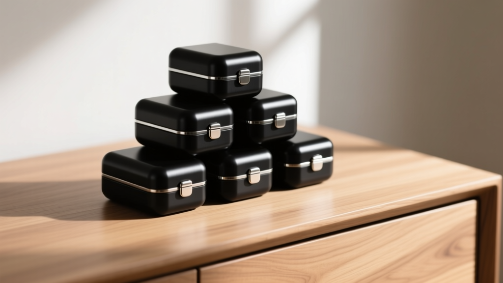 Stackable matte black aluminum jewelry capsules with magnetic bases, arranged in a pyramid on a minimalist oak dresser surface