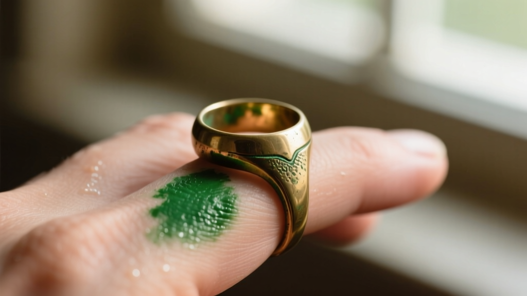 Close-up of a brass ring leaving a green oxidation mark on a finger, showing copper reacting with natural skin acidity and sweat.
