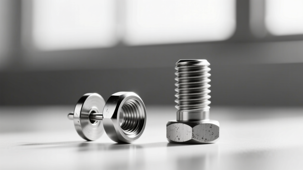 Extreme close-up of an 18-gauge internally threaded titanium earring post beside a standard externally threaded steel post for contrast.