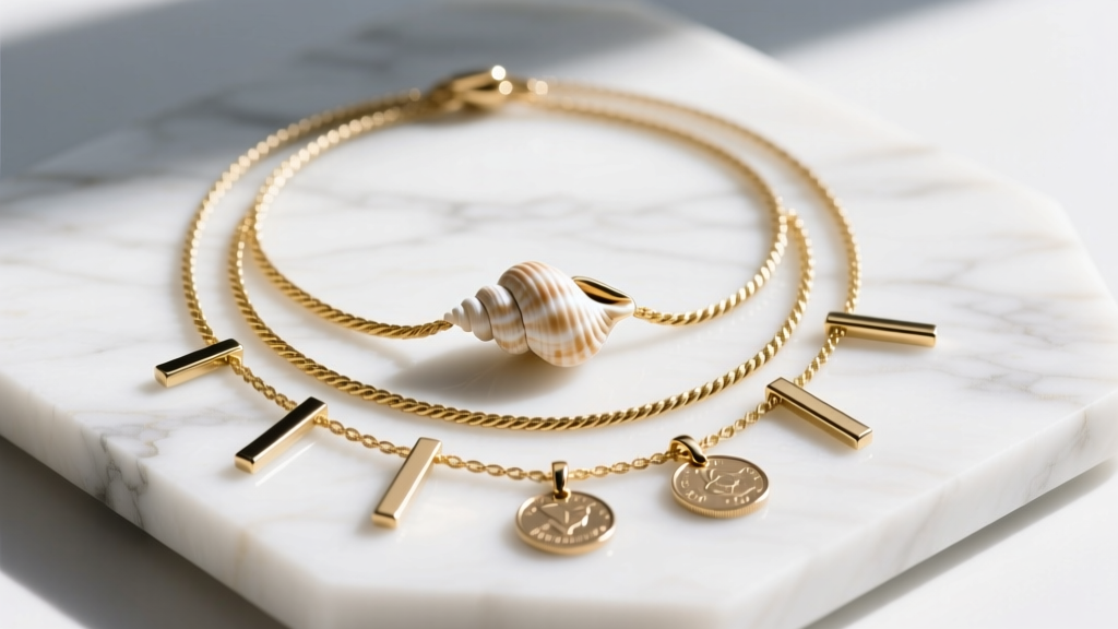 Cowrie shell pendant on a 16-inch rope chain, layered with minimalist gold bar and coin pendants on a bright white marble slab.