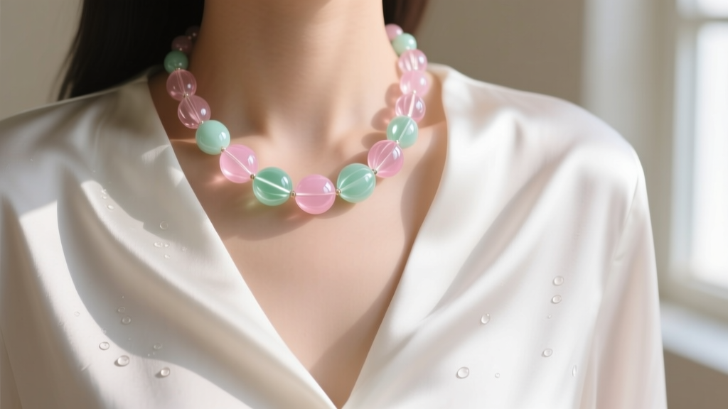Pastel pink and mint green polished glass candy bead necklace resting elegantly on a crisp white silk blouse in soft natural light.