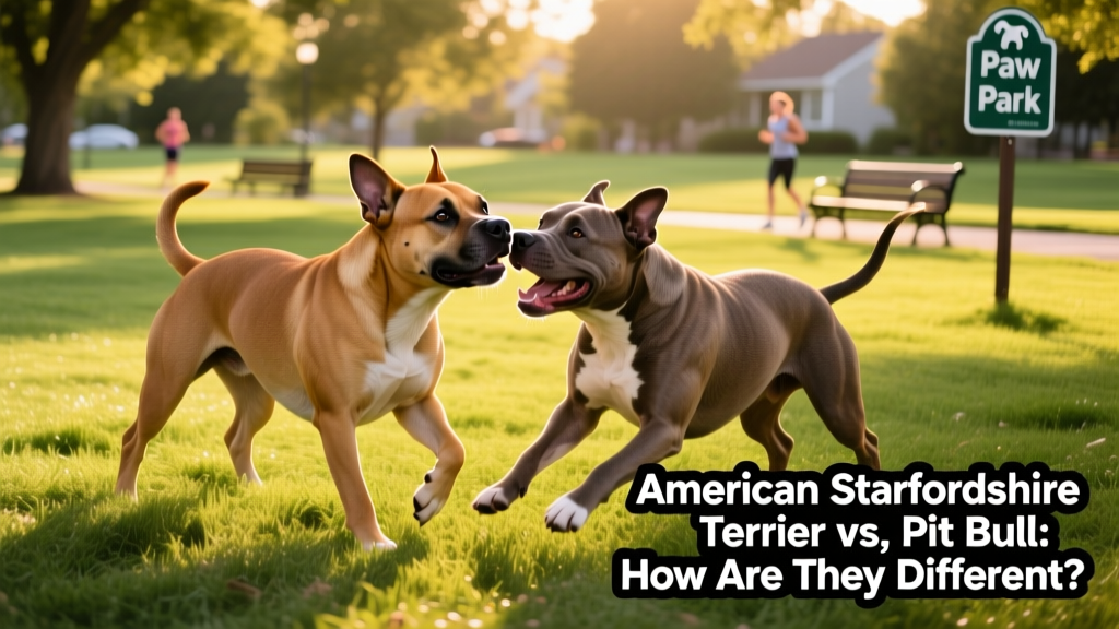 Two energetic dogs—one AmStaff and one Pit Bull—playing side-by-side in a grassy park