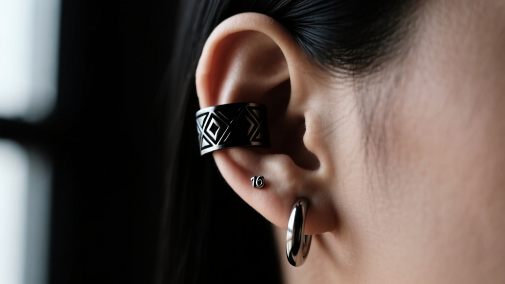 Side profile of a black metal ear cuff and a 16-gauge titanium huggie hoop on the upper lobe against a dark, moody background.