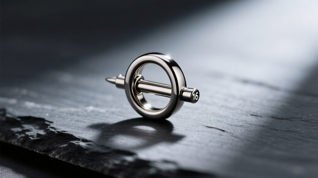 Macro shot of a 16g titanium septum bull ring clicker on dark slate, soft lighting highlighting the hinge and polished metal.